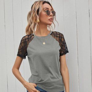 Shein Contrast Lace Raglan Sleeve Tee